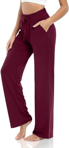 VIGVAN Jogginghose Damen Baumwolle Weites Bein Yogahose Sweatpants Freizeithose Lang Kordelzug Lose Lounge Pants Jogging Hose Hausehose Sporthose mit Taschen (Weinrot, XXL-1)