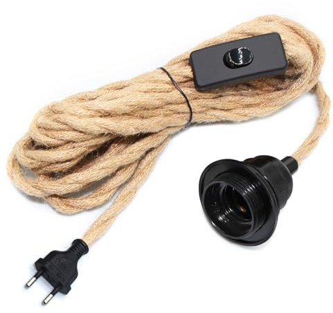 Portalampada E27 con Interruttore Lampada Corda di Canapa 510CM Portalampade a Sospensione con Spina Lampadina Base con Presa e Cavo Portalampade con Anello Filettato per Soffitto Lampada da Terra