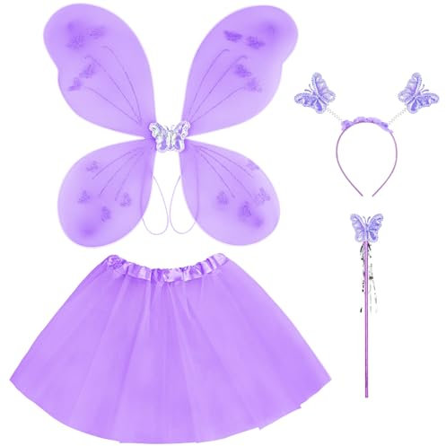 AYBUY Costume Farfalla Bambina, 4 Pcs Costume Fata Ragazza con Bacchetta Magica e Fascia, Ali di Farfalla Set con Tutu Gonna, per Capelli a Farfalla, Stile Tulle(Viola)
