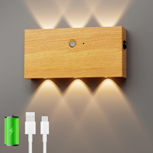 WOKWOYIO Wandleuchte Innen, Akku Wandleuchte Touch Control 3 Farbtemperaturen, Stufenloses Dimmen LED Wandleuchte Kabellos für Flur Wohnzimmer (Holzband-Bewegungsmelder)