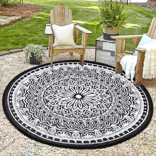 TUKDAK Schwarz Rund Outdoor Teppich Wetterfest 150cm, Wendbarer Outdoorteppich Matte Kunststoff Teppich, Wasserdichter Außenteppich, UV-beständige Camping Matte für Balkon Terrasse Garten RV Picknick