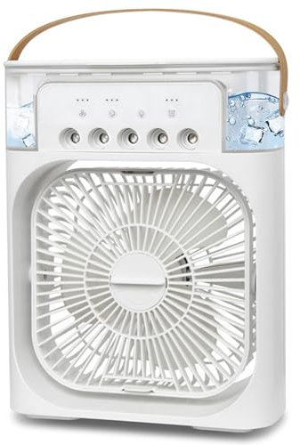 BuzzoXerex Mini Aire Acondicionado Portatil, 5 en 1 Enfriador de Aire Portatil, Mini Refrigerador de Aire Móvil Ventilador, 3 Velocidades, Modos de Niebla, 7 LED Hogary, 2-8H Cronometrado (Blanco)