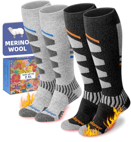 Lalapapa 2 Pairs Merino Wool Ski Socks for Women Men - Warm Thermal Padded Cushioned Knee High Socks for Winter Skiing Snowboarding, Black & Grey, L/XL