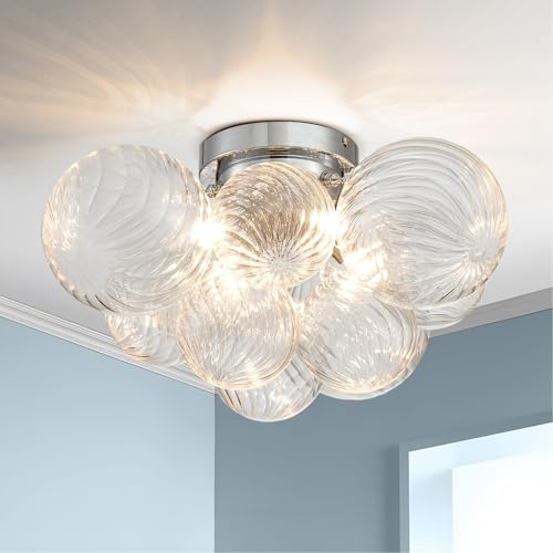 SHRINE Lighting Chrome Bubble-Glas Deckenleuchte, Einbau-Deckenleuchte für Wohnzimmer, D46 x H23, 4x G9 Fassungen, Kugel glas-Schirm & Chrom-Rahmen