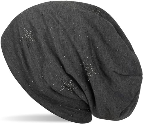 styleBREAKER Beanie Mütze mit Strass Sterne und All Over Strasssteine, Slouch Longbeanie, Damen 04024116, Farbe:Dunkelgrau meliert