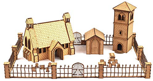 War World Gaming Medieval Town Church & Belfry with Gated Graveyard – 28mm Fantasy Wargame Terrain Model Diorama