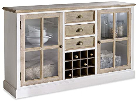 Loberon Kommode Magoffin, Klassischer Landhaus-Stil, mit Schubladen, Sprossentüren & Weinfächern, Zweifarbig, Aufbewahrung, Weinregal, Kiefernholz, Glas, antikbraun/antikweiß