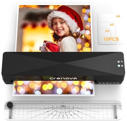 Crenova Laminiergerät A4, Laminiermaschine mit Schneide, Kalt- und Warmmodus, mit 10 Laminierblättern, ideal für Schule, Büro, Fotostudio, Schwarz