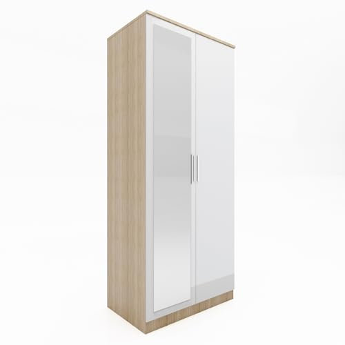 ELEGANT Modern High Gloss Soft Close 2 Doors Wardrobe with Mirror and Metal Handles Includes Removable Hanging Rod and Storage Shelves, White/Oak Bedroom Furniture Sets