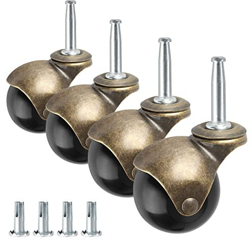 2 Ball Caster Wheels, casters Set of 4 Brass Vintage Antique casters 5/16 x 1 1/2 (8 x 38mm) Wheels Pole with Sleeve for Furniture, Chairs, Cabinets, (casters Set of 4 Heavy Duty)