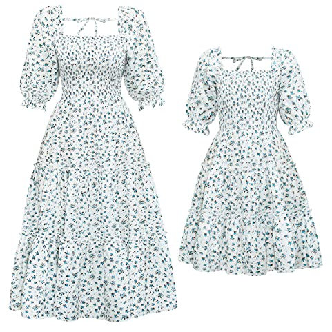 Mutter und Tochter Kleid Frauen Mädchen Blumengitter Casual Sommerkleid Familie Passendes Outfit Eltern Kind A Line Rüschen Hochzeit Urlaub Partykleid Weiß 7-8 Jahre