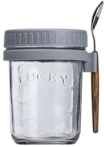 Overnight Oats Jars with Lids and Spoon, Reusable 10oz Airtight Oatmeal Cup Container with Measurement Marks Wide Mouth Breakfast Pots Yogurt Container for Salads Cereal Milk Porridge Fruit(Grey)