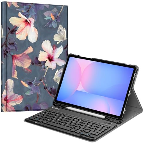 FINTIE Keyboard Case for Samsung Galaxy Tab S10 FE/ S9 FE 5G 10.9 Inch/Tab S9 11 Inch with S Pen Holder, Slim Stand Cover Detachable Wireless Bluetooth Keyboard, Blooming Hibiscus