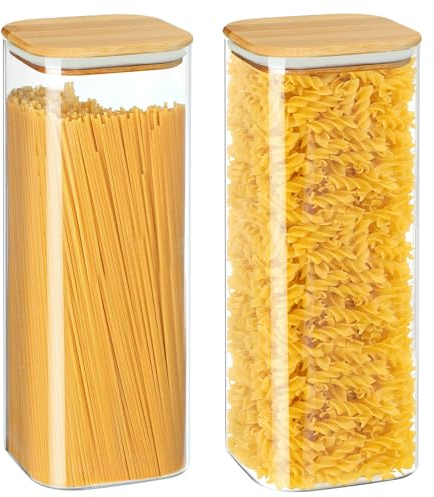 YUEYEE Spaghetti-Vorratsdose aus Glas mit Bambusdeckel, Glasbehälter mit Deckel, transparente Glasbehälter mit Deckel, für Nudeln, Nudeln, Mehl, Reis, Bohnen, Müsli, 2 Stück