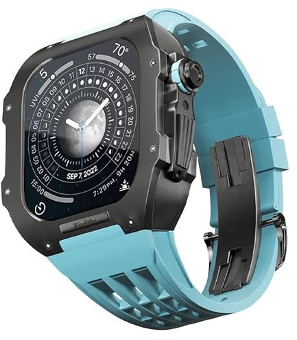 BRART Kit de modificación de reloj para Apple Watch 6 5 4 SE 44 mm caja de titanio+correa Viton, estuche de lujo y kit de modificación de banda (color: azul 1, tamaño: 44 mm), 44MM, Agate