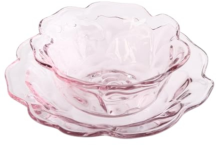 EVEREST GLOBAL Light Pink Rose Flower Shaped Glass Plate and Bowl Set, Small Glass Desert Bowl and Snack Plate, Salad Bowl Set, Serving Bowl and Dish for Fruit, Pudding, Oatmeal, Ice Cream, Biscuit