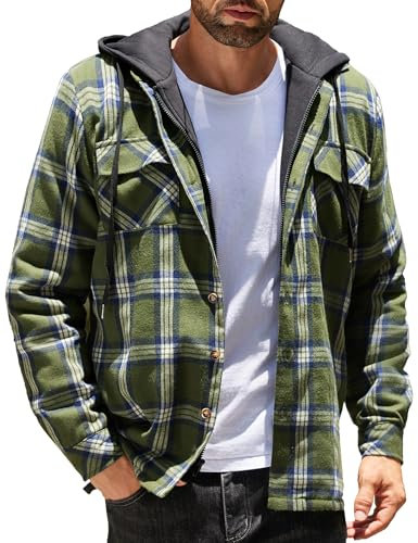 COOFANDY Herren Hemdjacke Karierte Jacke Holzfällerhemd Gefüttert Holzfäller Jacke Flanell Jacke Winterhemd Baumwolle Übergangsjacke mit Kapuze Sweatjacke Hellgrün XXL