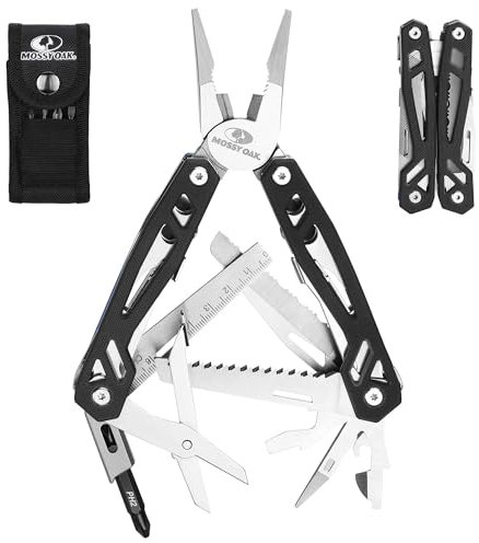 Mossy Oak 22-in-1 Multi-Tool Pliers Includes Carry Bag |Stainless Steel Multifunctional Tool Featuring A Wire Cutter, Bottle Opener, and Screwdriver | Perfect for Camping and Maintenance | Black