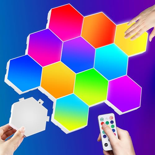 Hexagon LED Licht 12pcs Sechseckige LED Wandleuchten RGB mit Fernbedienung und Berühren, Intelligente Gaming Deko Lampe DIY Geometrie Spleißen Leuchte LED Panel für Gaming Party Weihnachten Deko