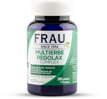 FRAU Multierbe Regolax Complex 200 Compresse da 500 mg, Integratore Alimentare Regolarità Transito Intestinale, Lassativo Forte per Stitichezza, Eliminazione Gas, Senza Glutine e Lattosio, Vegano