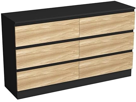 URBNLIVING Modern Black Wooden Chest with Oak 6 Drawers for Bedroom or Office Storage Versatile Bedside Table and Stylish Cabinet for Organizing Clothes Accessories Work Place Supplies Personal Items