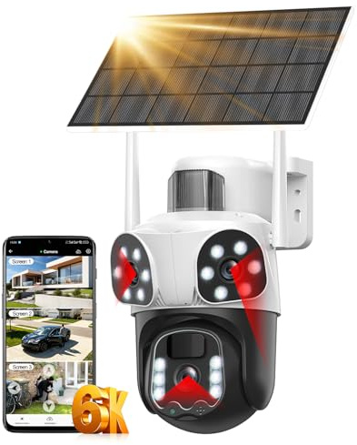 6K Solar WiFi Security Camera Outdoor Wireless with Triple Lens, 5X Zoom | 360° PTZ, Human Auto Tracking, Siren, Night Color, 2-Way Talk, 2.4G WiFi, IP66, Ideal for Home/Doorway/Garage/Yard/Warehouse