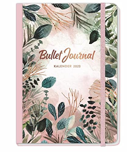 Blätter Bullet Journal A5. Taschenkalender 2023 mit Punktraster, Gummiband und Lesebändchen. Praktischer Buch-Kalender für Termine und To-dos. Handlicher Terminkalender A5