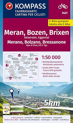 KOMPASS Fahrradkarte 3421 Meran, Bozen und Umgebung 1:50.000: reiß- und wetterfest mit Extra Stadtplänen