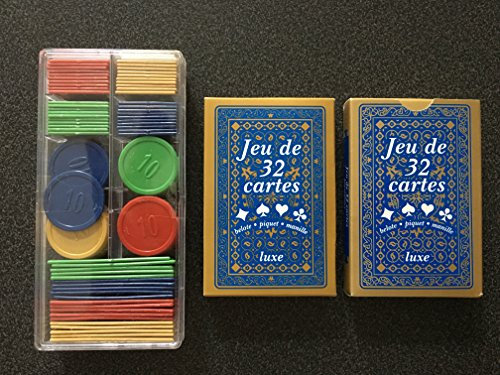 Equilibre et Aventure Lot de Deux Jeux de 32 Cartes + 100 jetons : Poker, belote, Piquet, Manille, coinche, Bataille, menteur, soufflette, big up, Jeu des Chevaliers, Maitre du Jeu, biskit, etc