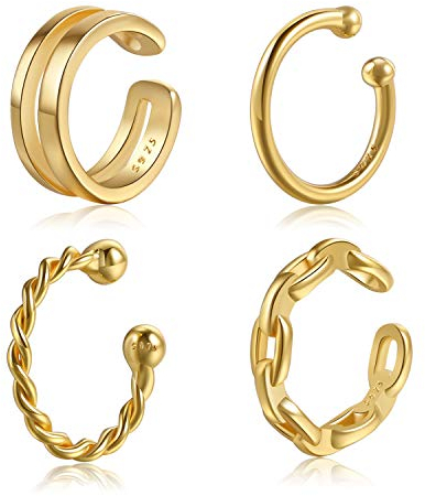 CHIC & ARTSY 4 Pcs Ear Cuff Set Damen Ohrmanschette 925 Sterling Silber Ohrringe Earcuffs Gold Set Helix Knorpel Ohrmanschette Ohne Ohrloch Wickelohrring Fakepircings Ohr Cuffs Ohrklemme