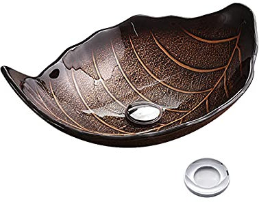 LWX Lavandino del Bagno in Vetro Forma Unica della Foglia Lavandino Artistico della Nave Ciotola Rotonda di Vanità di Vetro Temperato del Bagno,Brown a