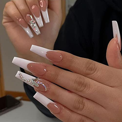 24PCS Long False Nails with Glue Stickers, Coffin Ballerina Full Cover Acrylic and Press on Nails no Glue, Butterfly White French Fake Nails Stick for Women and Girls Nail Art