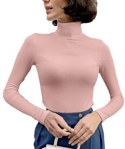 Onsoyours Pull Femme Col Roulé À Manches Longues Hiver Chaud Tricot Thermal Chic Ajusté Moderne Serré Col Montant Confortable sous-Pull Basique Pullover Vintage Top Haut A Rose Taille Unique