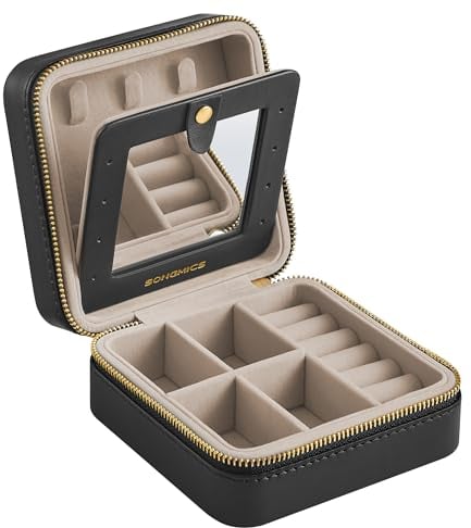 SONGMICS Schmuckkästchen Reise, Schmuckkasten klein, Schmuck-Reiseetui, Spiegel, Reißverschluss, Schmuckaufbewahrung tragbar, PU-Bezug, 11,4 x 11,4 x 5,5 cm, Geschenkidee, tintenschwarz JBC146BKV1