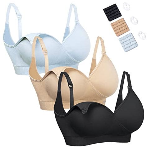 HOFISH Nursing Bras for Breastfeeding Seamless Ultra Comfort Maternity Bra, Pregnancy Sleep Bralette 3Pack Black Beige Blue Small