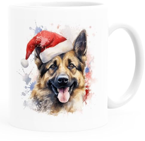 SpecialMe® Tasse Hunde-Motiv Weihnachten Weihnachtsmütze lustig Hunderassen Geschenk Hundebesitzer Aquarell Deutscher Schäferhund weiß standard