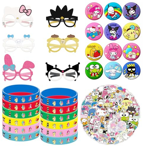 Clvsyh 86 Pcs Cartoon Regalos de Cumpleaños para Niños, Gafas de Papel de Fiesta, Pulsera de Goma de Silicona, Cartoon Pegatinas Infantiles, Pines de Anime Insignias, Regalos para Fiestas Infantiles