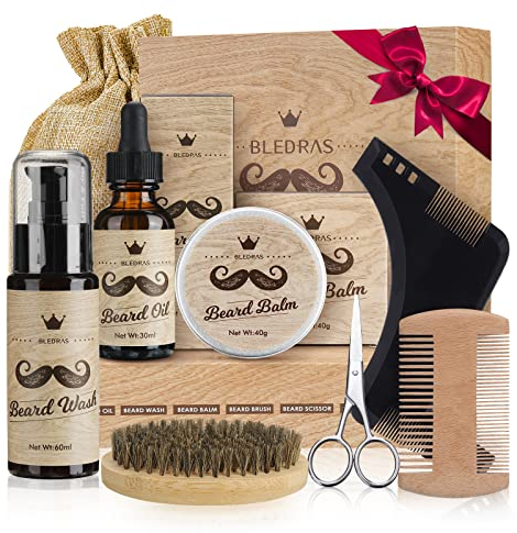 Kit Barbe Homme 10pcs - Bledras Kit de Soin Barbe Homme Complet-Shampoing, Huile Barbe, Baume, Rasoir Coupe Choux, Ciseaux, Peigne, Brosse, Pochoir, Sac - Coffret Cadeaux Hommes Original Cadeau Noël