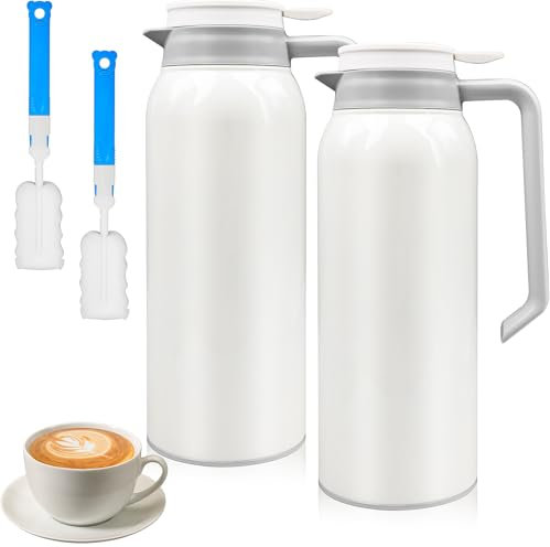 2 Pack 1.5L White Thermal Coffee Carafe Jugs, Stainless Steel Insulated Tea Pots Set, Double Walled Vacuum Coffee Carafe with Handle Hot & Cold Retention for Tea Water Juice Beverage