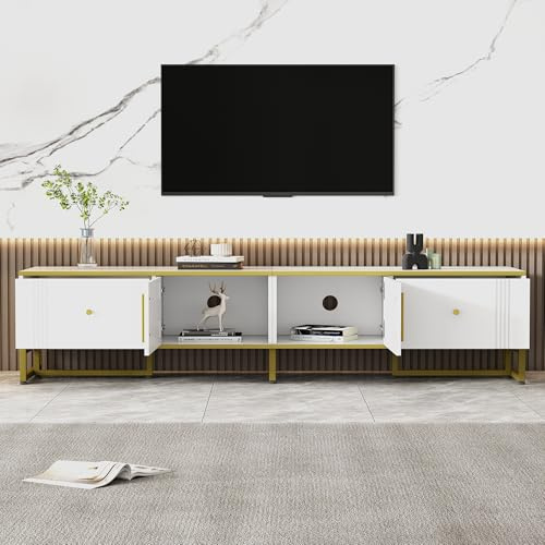 Crlnaup Eleganter weißer TV-Schrank, 180x40x40 cm, mit Goldener Umrandung, 2 Türen, 2 Schubladen, verstellbaren Füßen und Kabelmanagement – ideal für 80-Zoll-Fernseher
