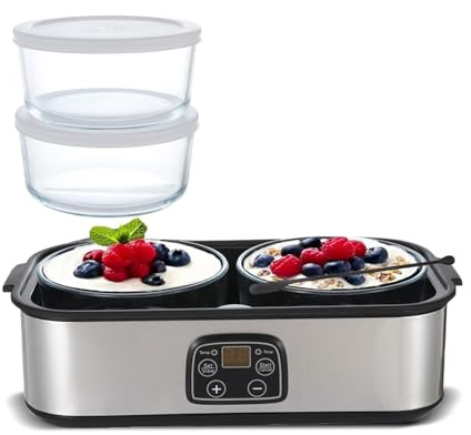 Thermostatic Yoghurt Maker Machine 2L - Electric Yogurt Maker with 2 Glass Jars, Automatic Stainless Steel Yogurt Maker Machine with Adjustable Time & Temperature Control for Homemade Probiotic Yogurt