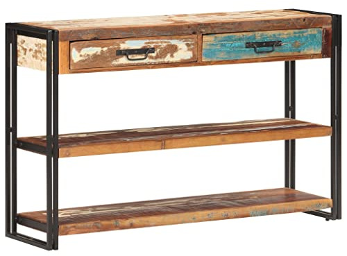 YuuSsea Sideboard 120x30x75 cm, recyceltes Massivholz, handgefertigt, mit 2 Schubladen, 2 Regalen, robustem Eisenrahmen, für Wohnzimmer, Flur, Esszimmer