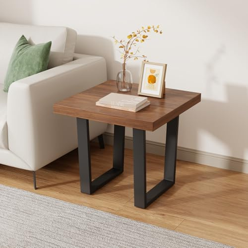 JIEXI Moderner industrieller Beistelltisch, Walnussholzmaserung, MDF-Platte mit schwarzem U-förmigem Metallfuß, 50 x 50 x 50 cm, quadratischer Beistelltisch