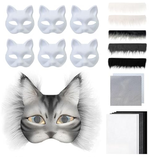 Smdbzda Katzenmasken, 6 Stück Therian Mask, DIY Papier Maske mit Kunstpelz, Augennetz und Filztuch, Katzenmasken zum Bemalen, Diy tiermasken Kit, Leere Cat Mask für Halloween Cosplay Maskerade Party