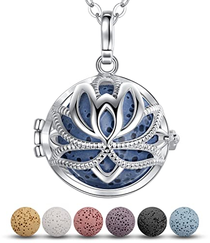 INFUSEU Essential Oils Necklace Diffuser, Diffusers Aromatherapy Hollow Lotus Classical Pendant Essential Perfume Aroma Locket With 7 Lava Stones & Chain 24