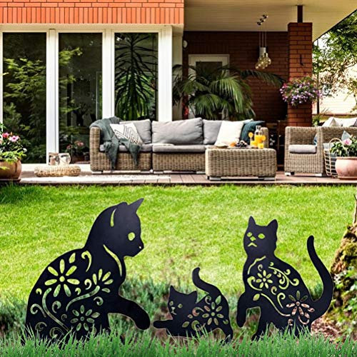 KKPW Cat Yard Art Jardin Statues Métalliques Déco, 3 PIÈCES Chat Évider Silhouette Forme Animale Pieu Décorations, Noir