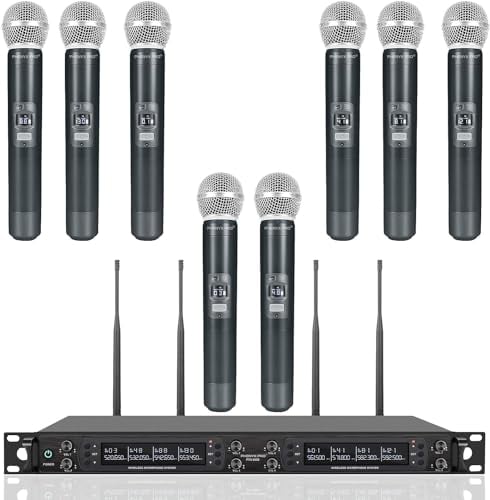 Phenyx Pro Wireless Microphone System, 8-Channel Wireless Mic, w/ 8 Handheld Dynamic Microphones, Auto Scan, 8x40 UHF Frequencies, 328 ft Range, Mics for Singing, Church, Karaoke (PTU-6000-8H)