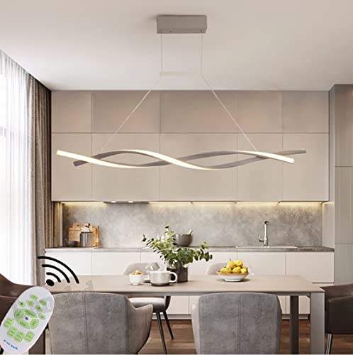 Modern LED Pendelleuchte Dimmbar Küchenlampe Hängend Lampe Esstisch Esszimmerlampe Hängelampe Wohnzimmer Tisch Höhenverstellbar Hängeleuchte mit Fernbedienung für Büro Bar Leuchten (Grau, L80cm)