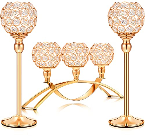 Set mit 3 Stück Gold Kristall Kerzenhalter, Teelicht Kerzenständer Kerzenständer mit 3 Armen, dekorative Tischaufsätze, Kamin, Zuhause, Wohnzimmer, Dekoration für Hochzeit, Einweihung, Jahrestag