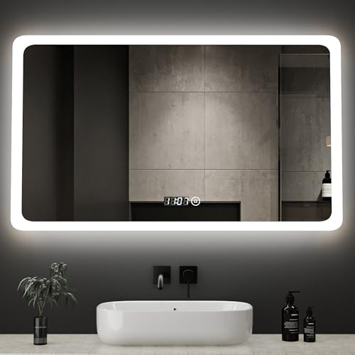 Boromal Badspiegel mit Beleuchtung und Uhr LED Badspiegel 100x60cm Dimmbar Badezimmer Wandspiegel 3 Lichtfarbe 3000-6500K 3410LM Kaltweiß Neutral Warmweiß Badezimmerspiegel mit Beleuchtung